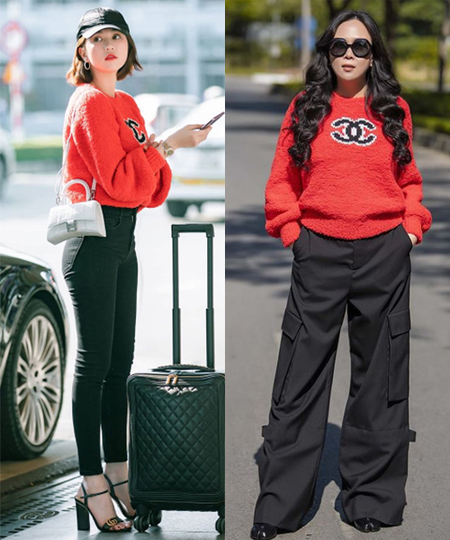  Cả hai cũng từng đụng độ mẫu áo len đỏ giá đến 50 triệu đồng. Đối lập với đàn em diện cùng quần skinny, Phượng Chanel mix quần cargo ống rộng.