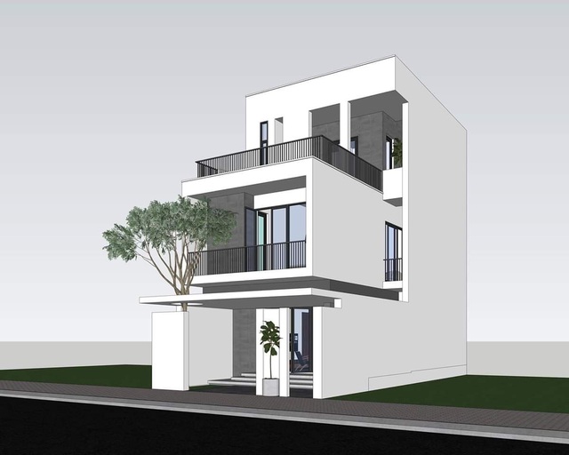  Được xây theo phong cách chữ I cùng tổng thể căn nhà sơn màu trắng giúp cho ngôi nhà nhìn sáng và hiện đại. Nếu muốn tạo điểm nhấn bạn có thể trồng thêm 1 cây xanh thân đứng, trong sân trước...