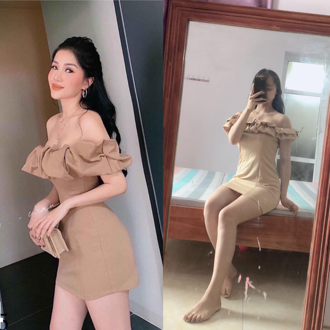 Chỉ nhìn qua cũng thấy chiếc váy shop quảng cáo và váy cô gái nhận về khác nhau từ chất vải đến màu sắc, bèo nhún ở cổ.