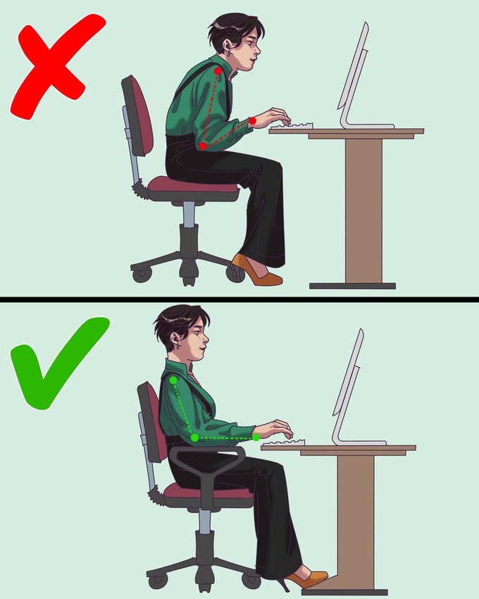  Vị trí đặt tay khi làm việc máy tính cũng ảnh hưởng rất nhiều đến hiệu suất công việc. Cánh tay nên tạo góc 75 - 90 độ so với bả vai và có thể đặt lên bàn, tạo điểm tựa.