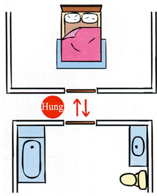 Tuyệt đối không nên để cửa nhà vệ sinh đối diện cửa phòng ngủ.