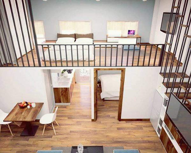 Kiến trúc sư khéo léo lồng ghép và sắp xếp hợp lý 2 phòng ngủ, 1 phòng khách, 1 phòng bếp, 1 nhà vệ sinh. Thiết kế tầng lửng không những tận dụng triệt để không gian cho căn hộ mà còn khiến tổ ấm của gia đình như rộng rãi hơn.