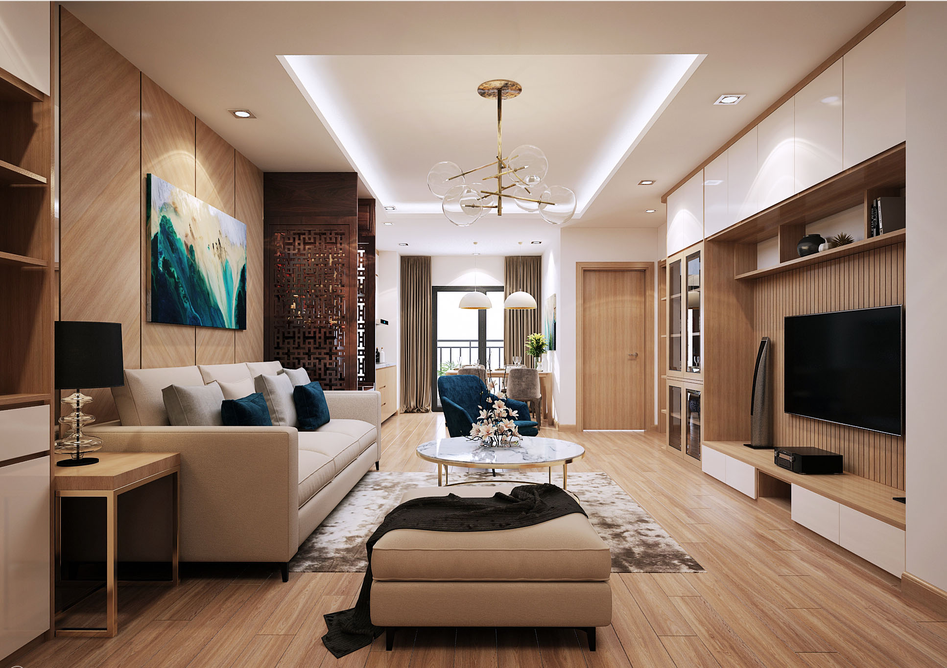  Phòng khách thiết kế theo phong cách hiện đại với đồ nội thất tối giản và tiện nghi.