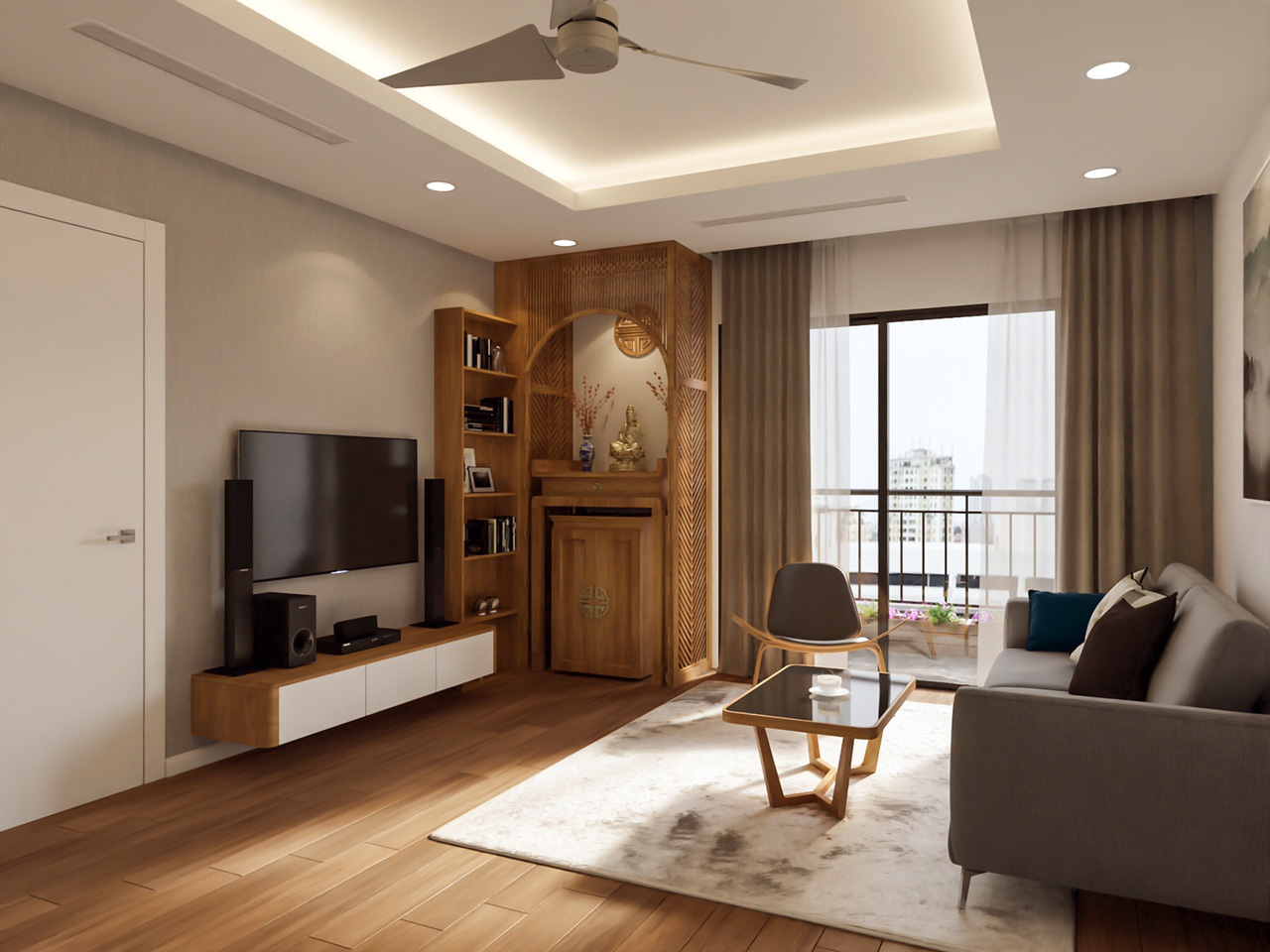  Phòng khách hiện đại với sự kết hợp hài hòa giữa màu sắc sàn gỗ và đồ nội thất trong không gian.