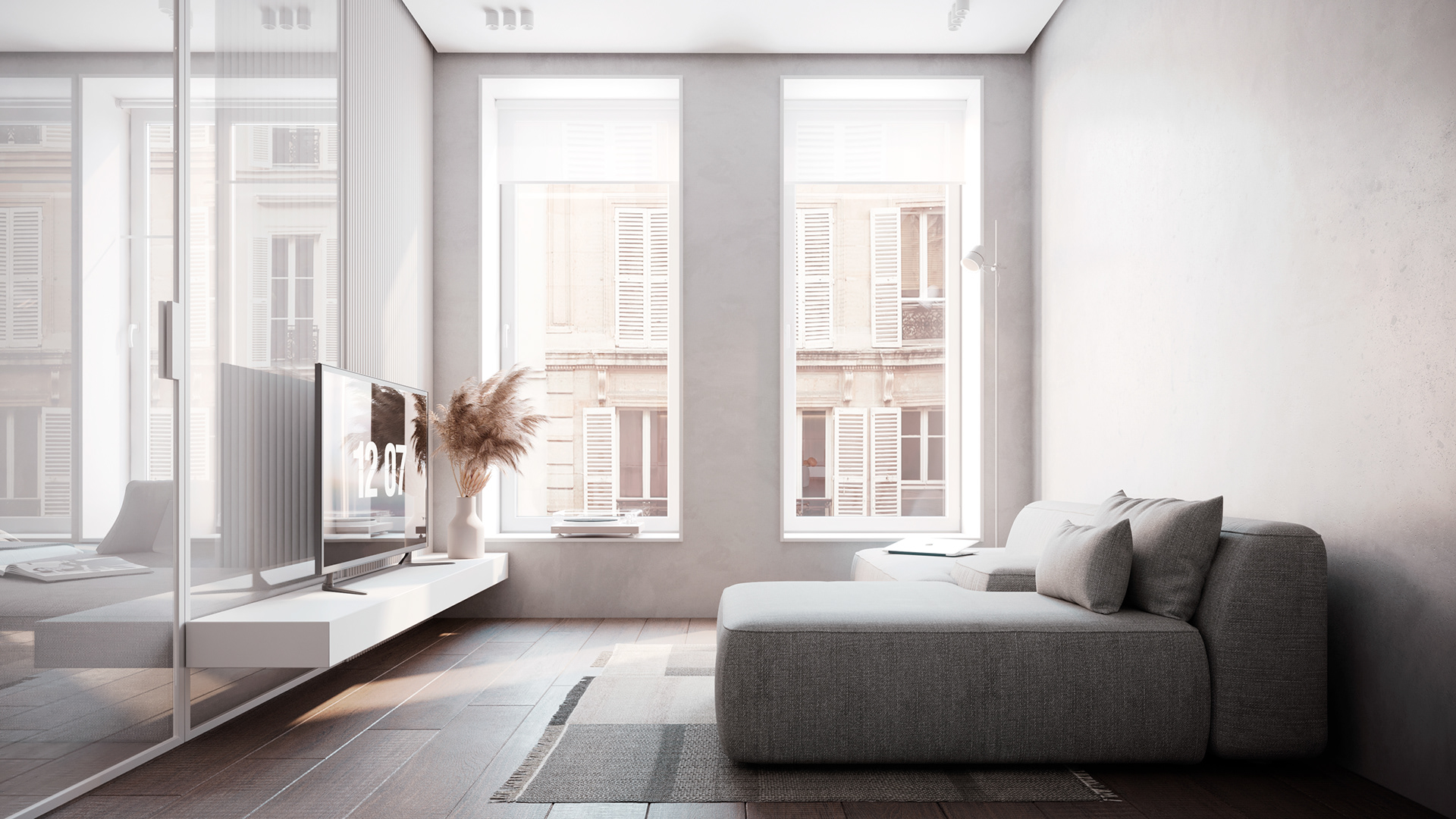 Sofa màu ghi xám là điểm nhấn cho căn phòng.