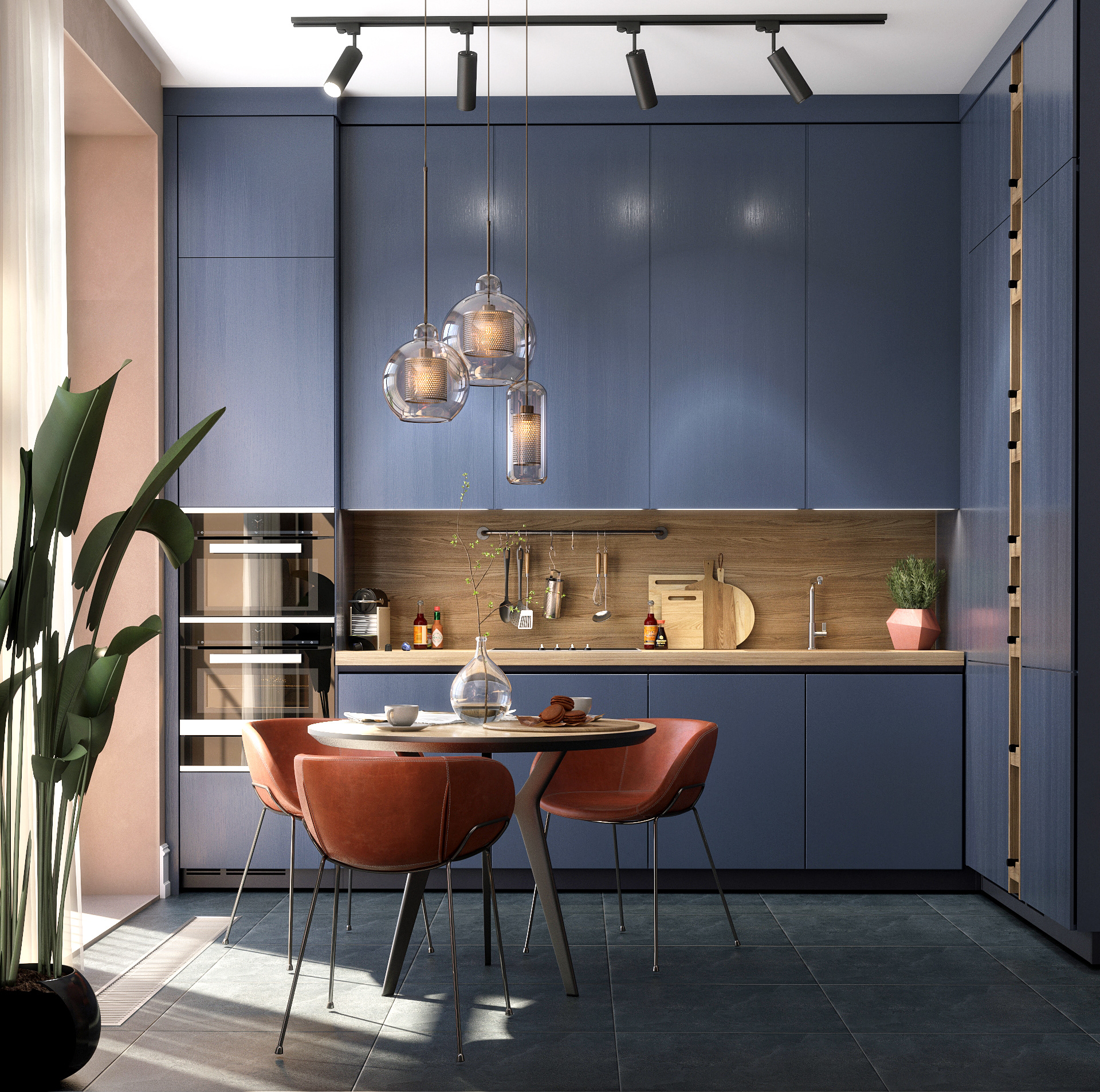  Tủ bếp nổi bật với tông màu xanh navy.