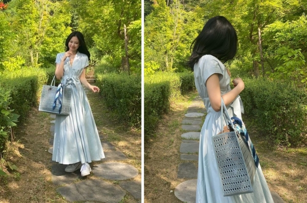  Đời thường, Jennie lại về với phong cách ngọt ngào nữ tính với chiếc đầm dài màu xanh pastel thướt tha. Được biết, set đồ này gồm cả đầm cả túi cũng phải đến 100 triệu VNĐ.