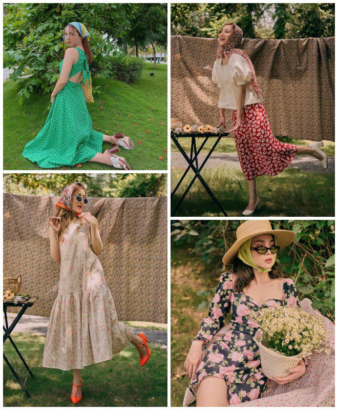  Các cô nàng học theo các phối khăn cùng váy đầm hoa rất hợp, chọn màu khăn ton sur ton hay đối lập cũng đều xinh xắn.