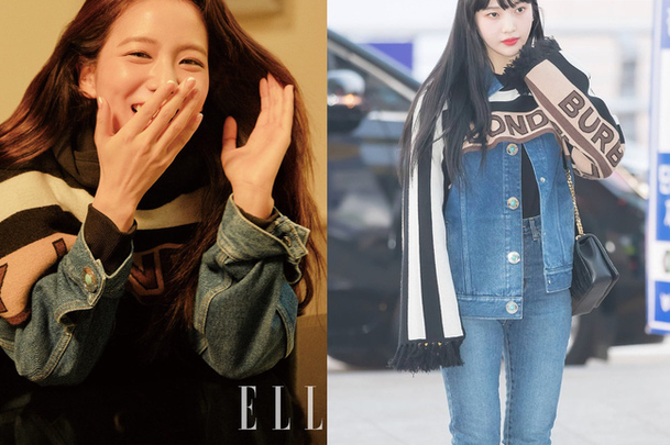  Jisoo và Joy đều ăn ý khi chọn combo áo denim jacket và khăn choàng len. Tuy nhiên Jisoo có thêm tạp chí thì đoá hồng của Red Velvet lựa chọn item này khoe dáng tại sân bay. Cả 2 đều mang đến hình ảnh sành điệu nhưng Jisoo nổi bật hơn một chút. 