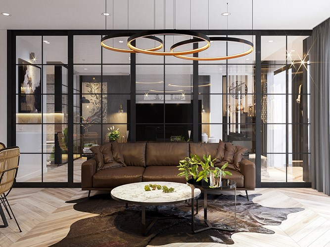 Bức tường kính mang đến một phòng khách rộng lớn và trang nhã, chiếc đèn chùm, ghế sofa gợi nhắc về phong cách của những năm thập niên 50, 60.