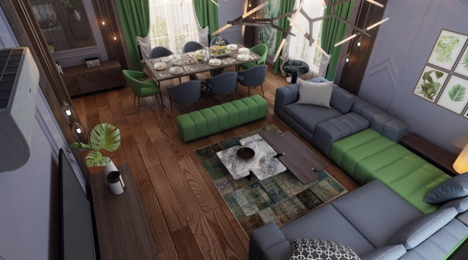 Lựa chọn nội thất cùng tông màu cũng là một gợi ý nếu bạn có dự định kết hợp phòng ăn và phòng khách.