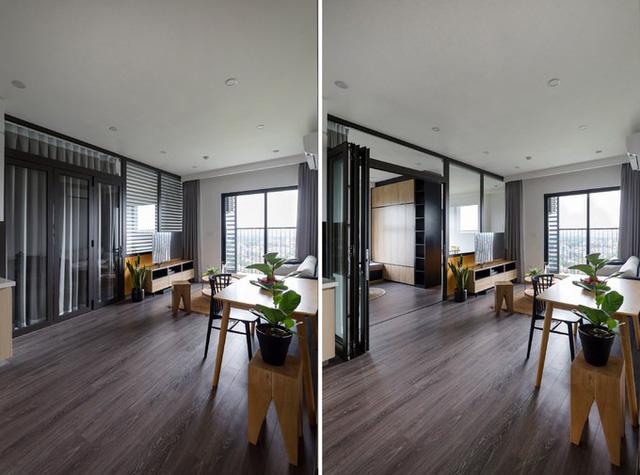 Việc kết nối không gian phòng khách và phòng làm việc bằng vách kính đã gia tăng đáng kể lượng ánh sáng tự nhiên vào nhà thông qua phần cửa sổ.