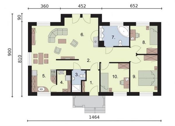 Thiết kế nhà cấp 4 rộng 100m2 có 3 phòng ngủ được đánh số 8,9,10. Căn nhà có 2 phòng vệ sinh và phòng khách rộng rãi.