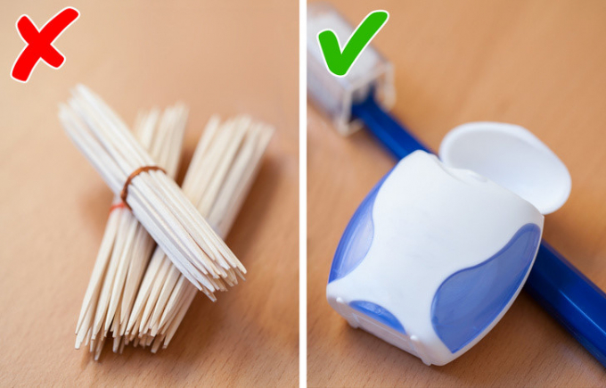 Dùng tăm xỉa răng: Điều này không tốt cho lợi (nướu). Bạn cũng không thể làm sạch miệng nếu chỉ dùng tăm. Thay vào đó bạn nên dùng chỉ tơ nha khoa (trước đó bạn cũng cần tìm hiểu để sử dụng đúng cách).