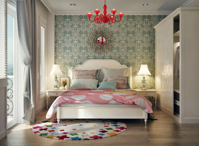 Chăn nệm có màu sắc vui mắt hài hòa với bức tường trang trí đầu giường, tủ âm tường khiến căn phòng thêm rộng rãi và thoáng đãng.