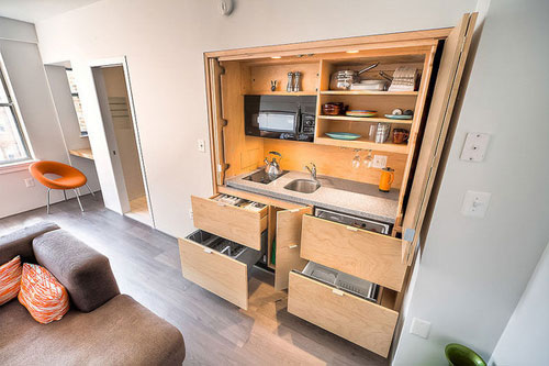 Thiết kế nội thất nhà bếp nhỏ xinh với tủ bếp đa năng cho căn hộ dưới 60 m2 (Ảnh minh họa)