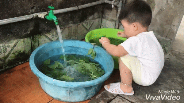  Chỉ mới 2 tuổi nhưng bé Gấu giúp mẹ rửa rau hết sức khéo léo
