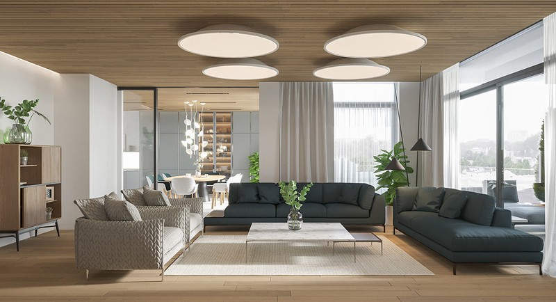  Trong phòng khách sàn và trần đều được làm bằng gỗ càng thêm nổi bật dưới ánh sáng tự nhiên.