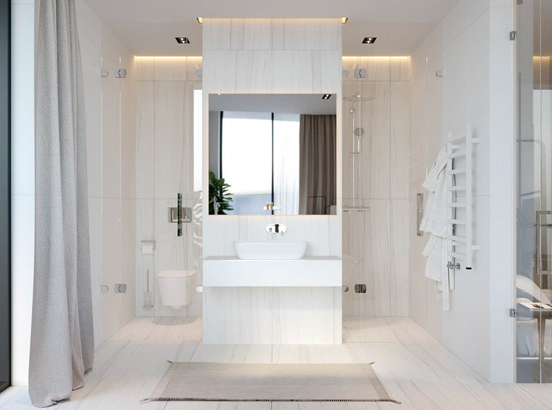  Phòng tắm lớn, sang trọng được hoàn thiện đơn giản với màu trắng nổi bật.