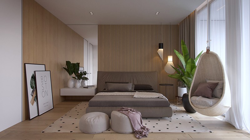  Trong một phòng ngủ khác, những bức tường gỗ và cây xanh tạo điểm nhấn.