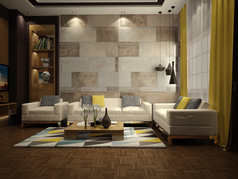 Phòng khách có sự đan xen giữa các màu: vàng chanh, trắng, đen. Bức tường làm bằng những ô gạch đá tạo nên nét độc đáo cho căn phòng.