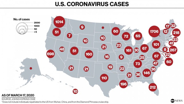 Các bang của Mỹ ghi nhận bệnh nhân nhiễm virus corona đến ngày 17/3 (Đồ họa: ABC)