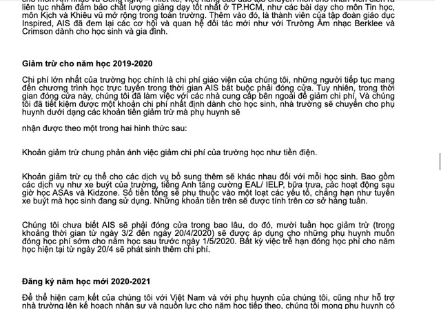  Một phần email phản hồi của trường AIS Saigon với phụ huynh về việc giảm trừ cho năm học 