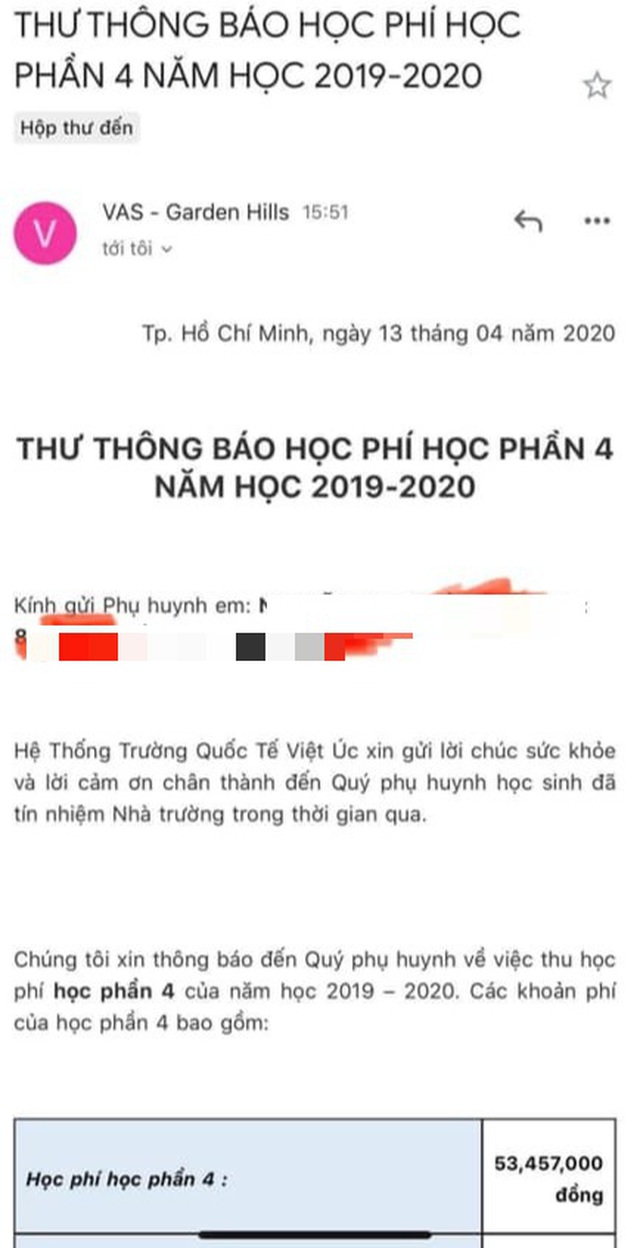  Trường Việt Úc gửi thư thông báo đến phụ huynh đóng tiền học phần 4 