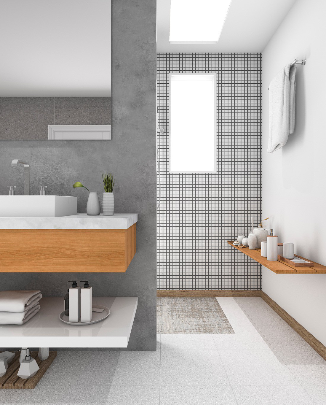  Một phòng tắm trung tính được thực hiện trong gam màu trắng và xám để thêm ấm áp cho không gian.