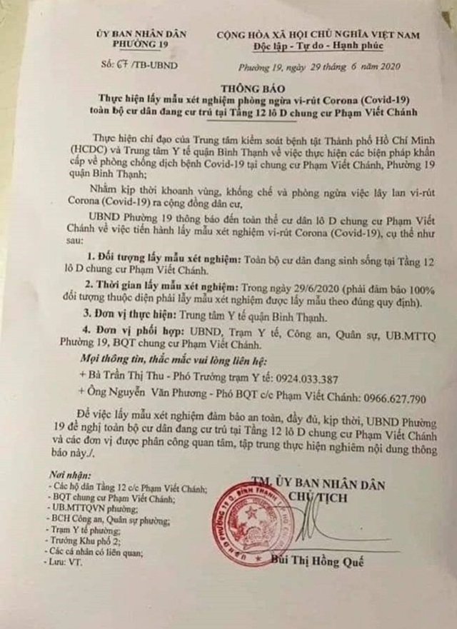 Chính quyền địa phương thông báo về việc xét nghiệm Covid-19 tại tầng chung cư có ca bệnh tái nhiễm