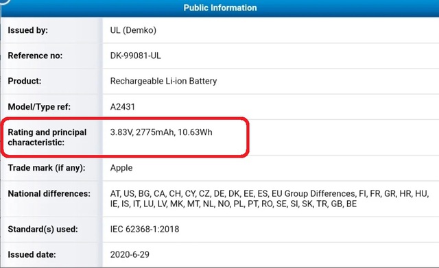  Thông tin về tên mã và dung lượng pin các sản phẩm mới của Apple trên trang web của cơ quan cấp giấy chứng nhận an toàn UL Demko (Đan Mạch)