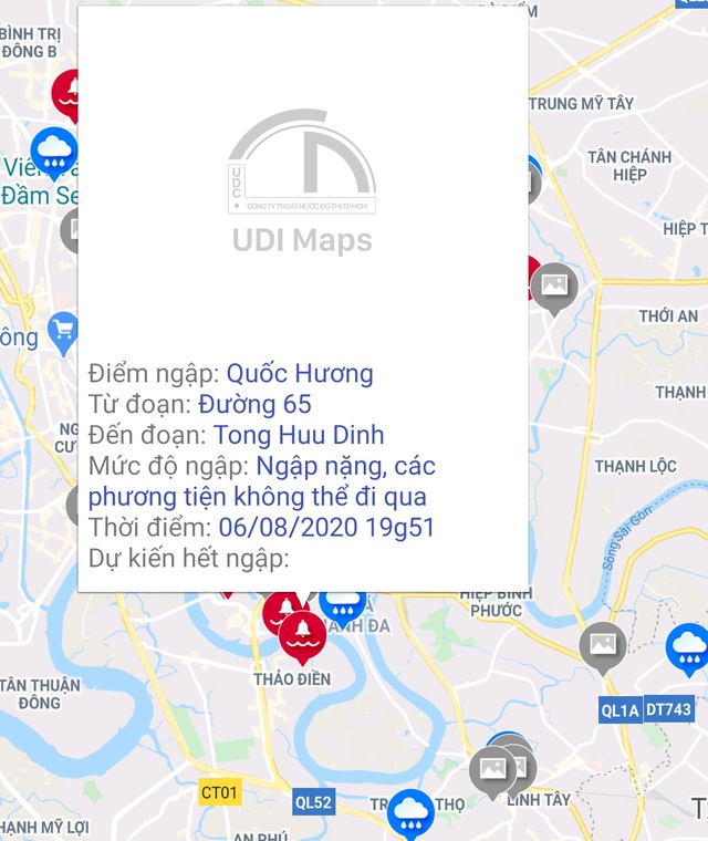  Công ty TNHH MTV Thoát nước đô thị TPHCM cảnh báo điểm ngập trên đường Quốc Hương (quận 2) bằng ứng dụng UDI