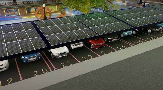  Cảnh quan bãi đỗ xe tự động tích hợp các tấm pin năng lượng mặt trời.