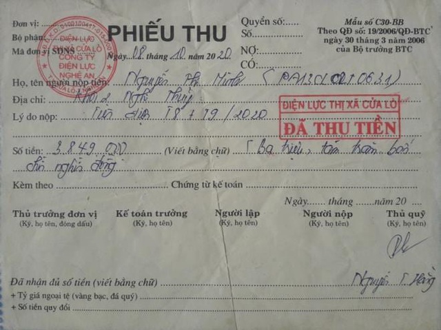  Mặc dù ngành Điện Nghệ An thừa nhận đã đọc và nhập sai chỉ số công tơ nhưng số tiền điện tháng 8 và 9/2020 bà Minh vẫn phải nộp là 3.849.000 đồng.