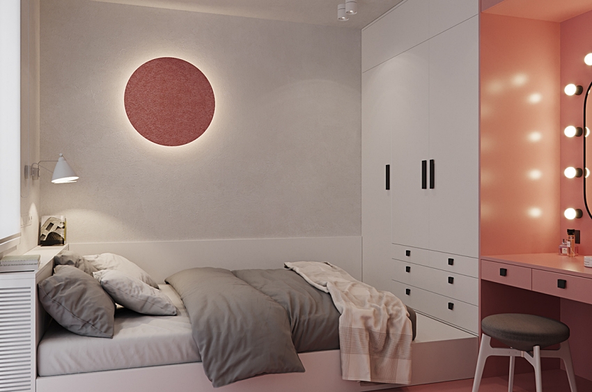  Căn phòng nhỏ gọn, ấm cúng nhưng vô cùng hút mắt với sự kết nối của màu hồng từ bàn trang điểm đến điểm nhấn trên tường.