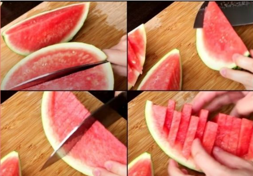 Xếp các miếng dưa so le với nhau la bạn đã có ngay một chiếc thuyền độc đáo.