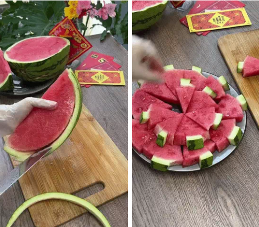 Tiếp đó, chỉ cần cắt dưa thành từng miếng vừa ăn và xếp vào đĩa là được.
