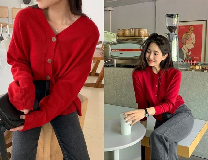  Sự kết hợp giữa áo len đỏ và quần jean đen xám cùng là gợi ý hay ho cho nàng một set đồ mới lạ.