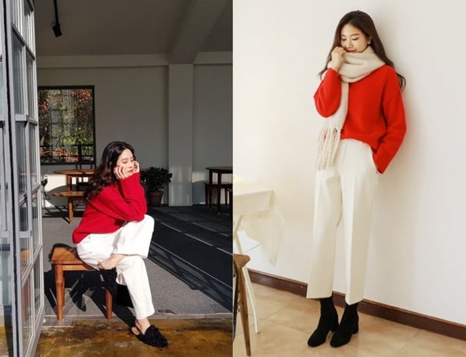  Áo len đỏ kết hợp cùng quần trắng đơn giản nhưng vẫn đem lại sự nổi bật