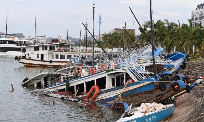  Nhiều tàu du lịch ở Tuần Châu (Quảng Ninh) bị chìm do bão số 3. (Ảnh: ZNews) 