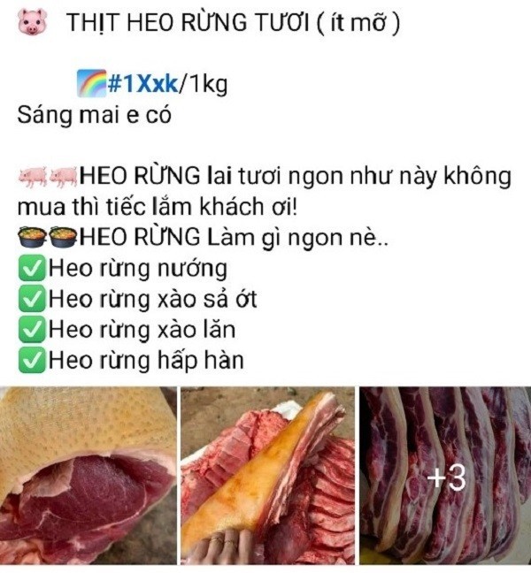  Một mẫu quảng cáo rao bán thịt heo rừng trên “chợ mạng”. Ảnh chụp màn hình. 