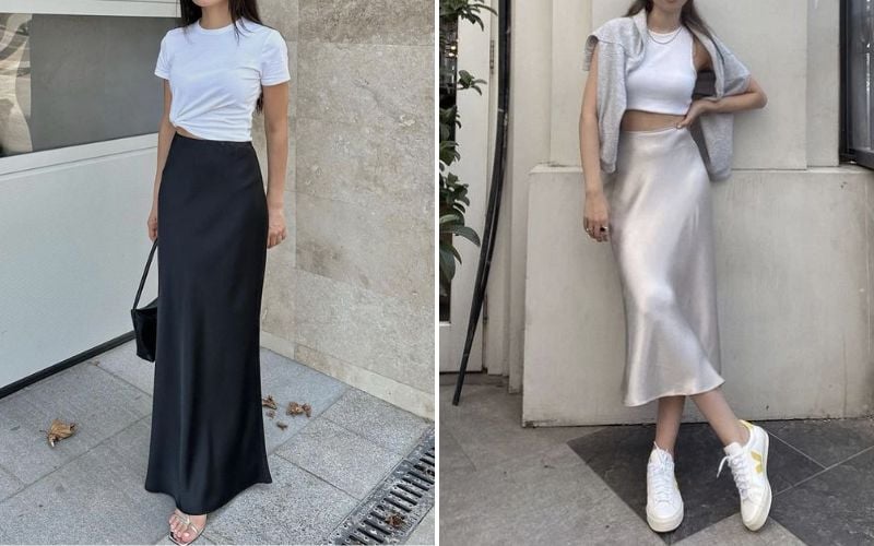  Chân váy lụa phối cùng áo thun croptop trắng đơn giản