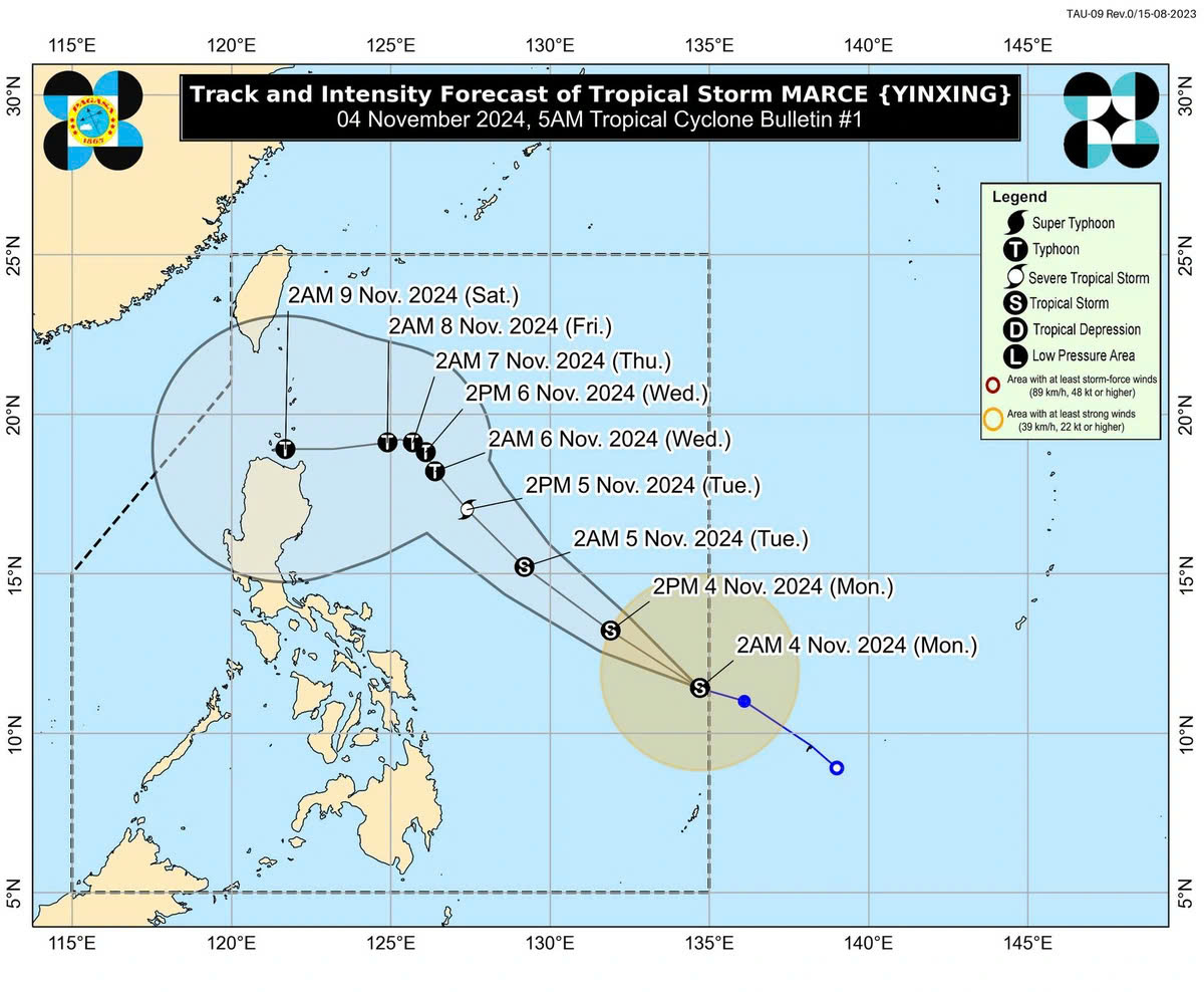  Vị trí và hướng di chuyển bão Yinxing - Ảnh: PAGASA/Báo Tuổi Trẻ