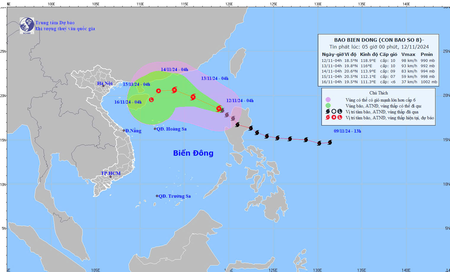  Hướng đi của cơn bão số 8 hồi 4 giờ ngày 12/11 - Ảnh: Vietnam+ (VietnamPlus)