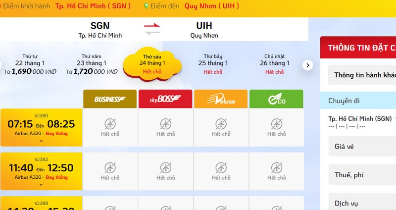   Tình trạng hết chỗ trên một số chặng bay như từ TPHCM - Đồng Hới, Quy Nhơn. Ảnh chụp màn hình