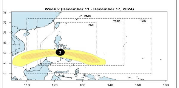  Áp thấp thứ 2 gần Biển Đông có thể mạnh lên thành bão từ 11-17/12. Ảnh: PAGASA/Báo Lao Động