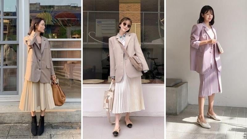  Sự kết hợp giữa váy xếp ly dáng dài và áo blazer mang lại phong cách thanh lịch, quý phái.