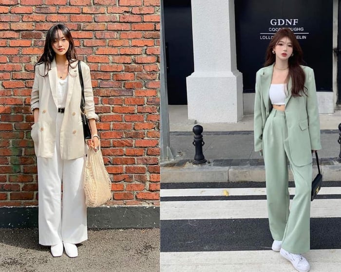  Dành cho những cô nàng yêu thích sự quyến rũ, hãy chọn blazer và quần ống rộng cùng tông màu, kết hợp với áo croptop bên trong.