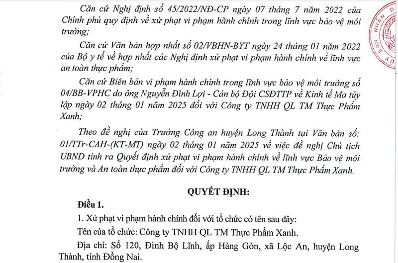  Quyết định 121 QĐ-XPHC xử phạt đối với Công ty TNHH QL TM Thực Phẩm Xanh.