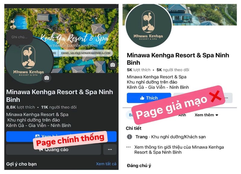   Fanpage Facebook chính thống và giả mạo của Khu nghỉ dưỡng Minawa Kênh Gà. Ảnh: Công an Ninh Bình